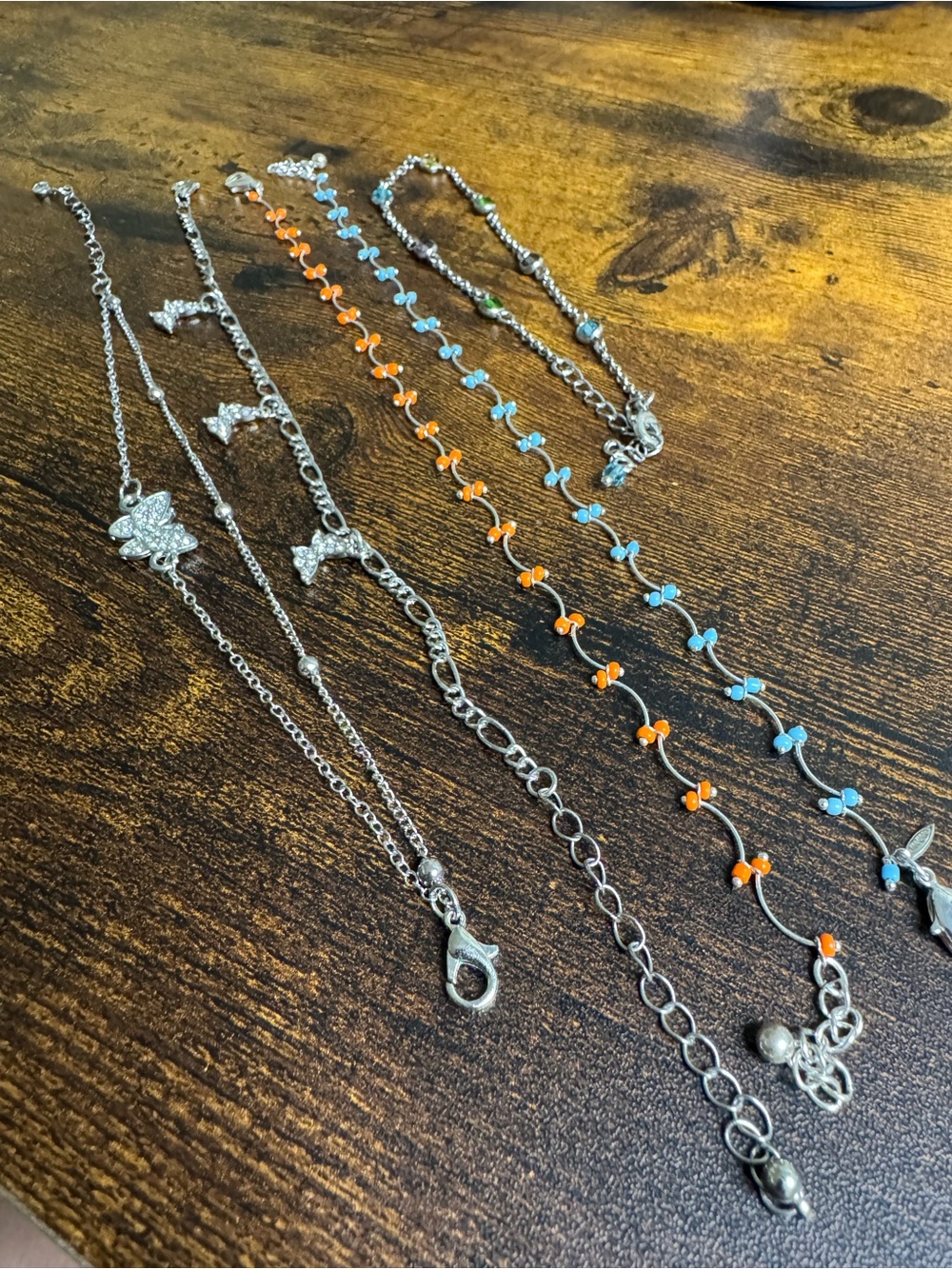 Silver-Tone Butterfly & Bead Anklet Lot - Blue & Orange